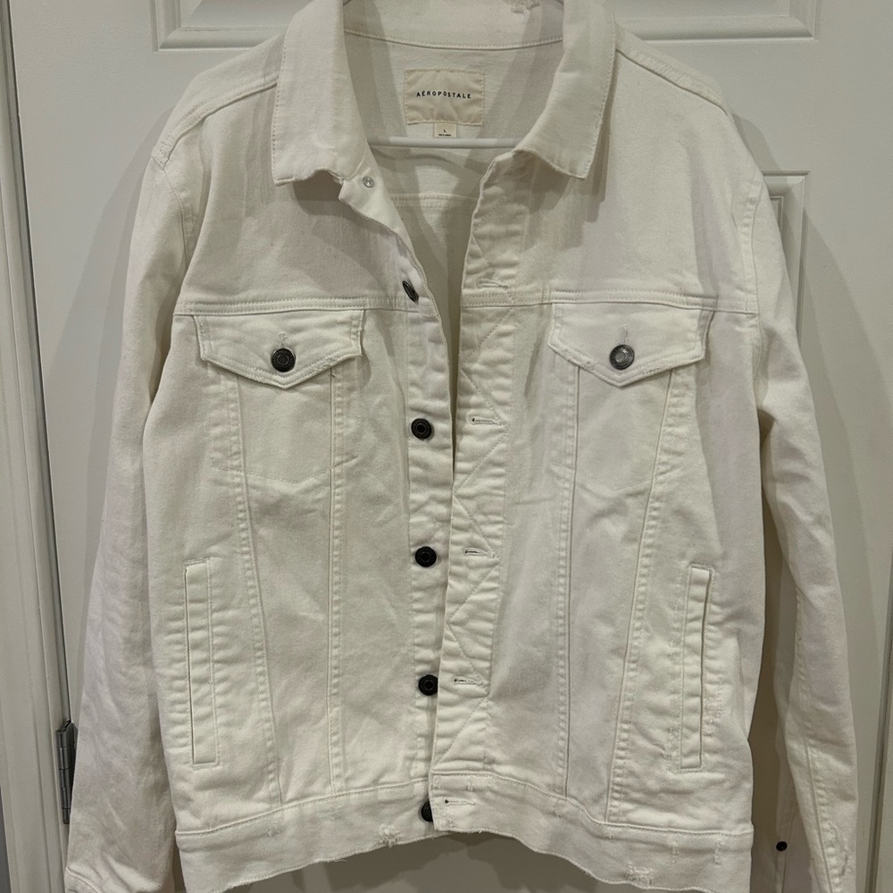 Aeropostale White Jean Jacket Oversized Distressed Size Large